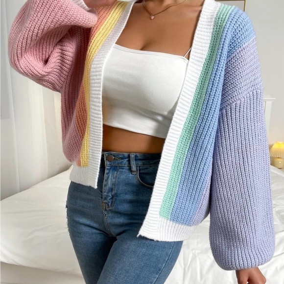 Womens S Long Sleeve Cardigan Colorblock Drop Shoulder Cardigan Sweater Outwear - Picture 2 of 11